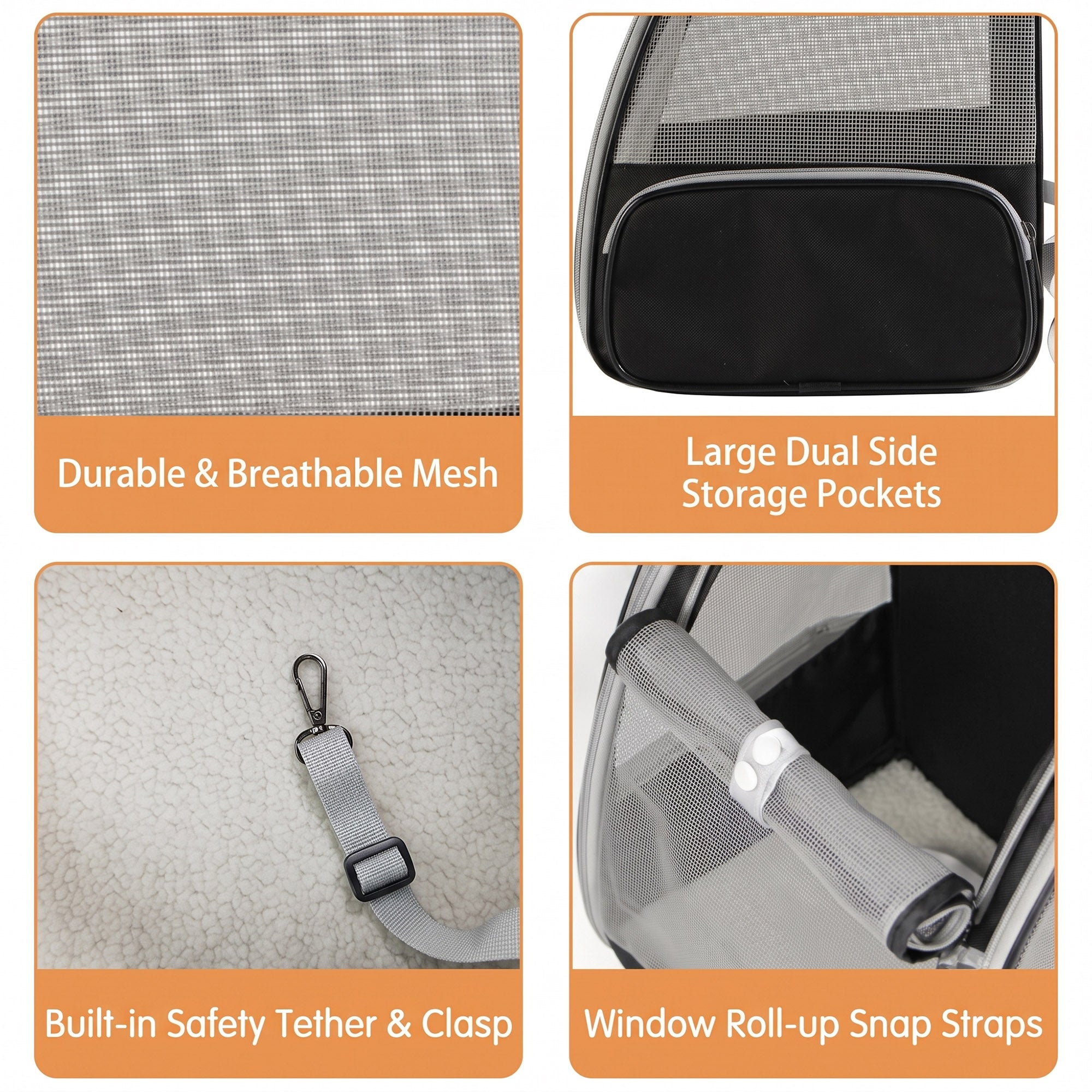Pet carrier backpack details showing breathable mesh, side pockets, safety tether, and roll-up window