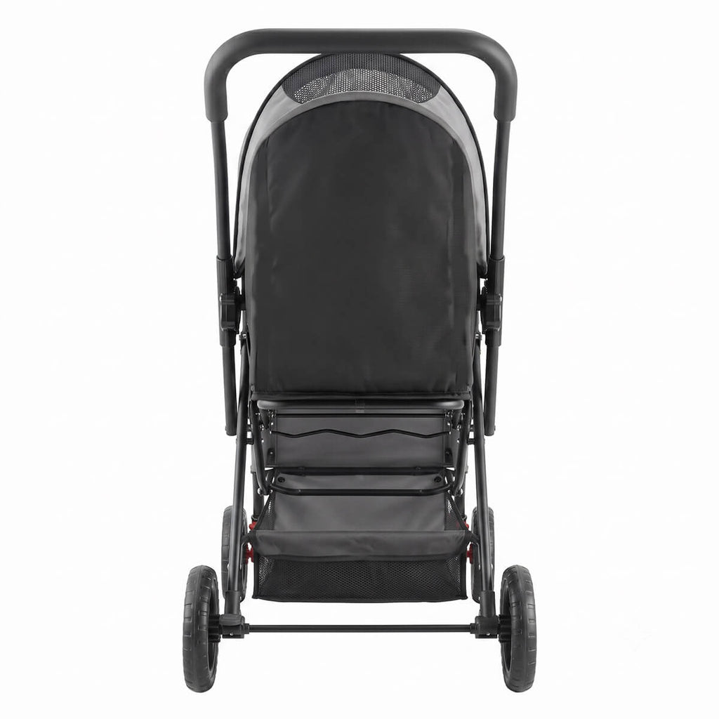 Rear view of black foldable pet stroller showing the back panel and rear wheels