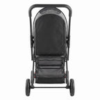 Rear view of black foldable pet stroller showing the back panel and rear wheels