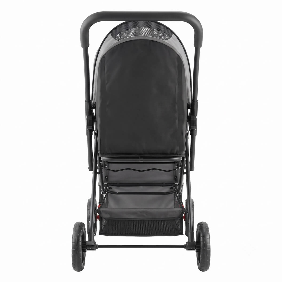 Rear view of black foldable pet stroller showing the back panel and rear wheels