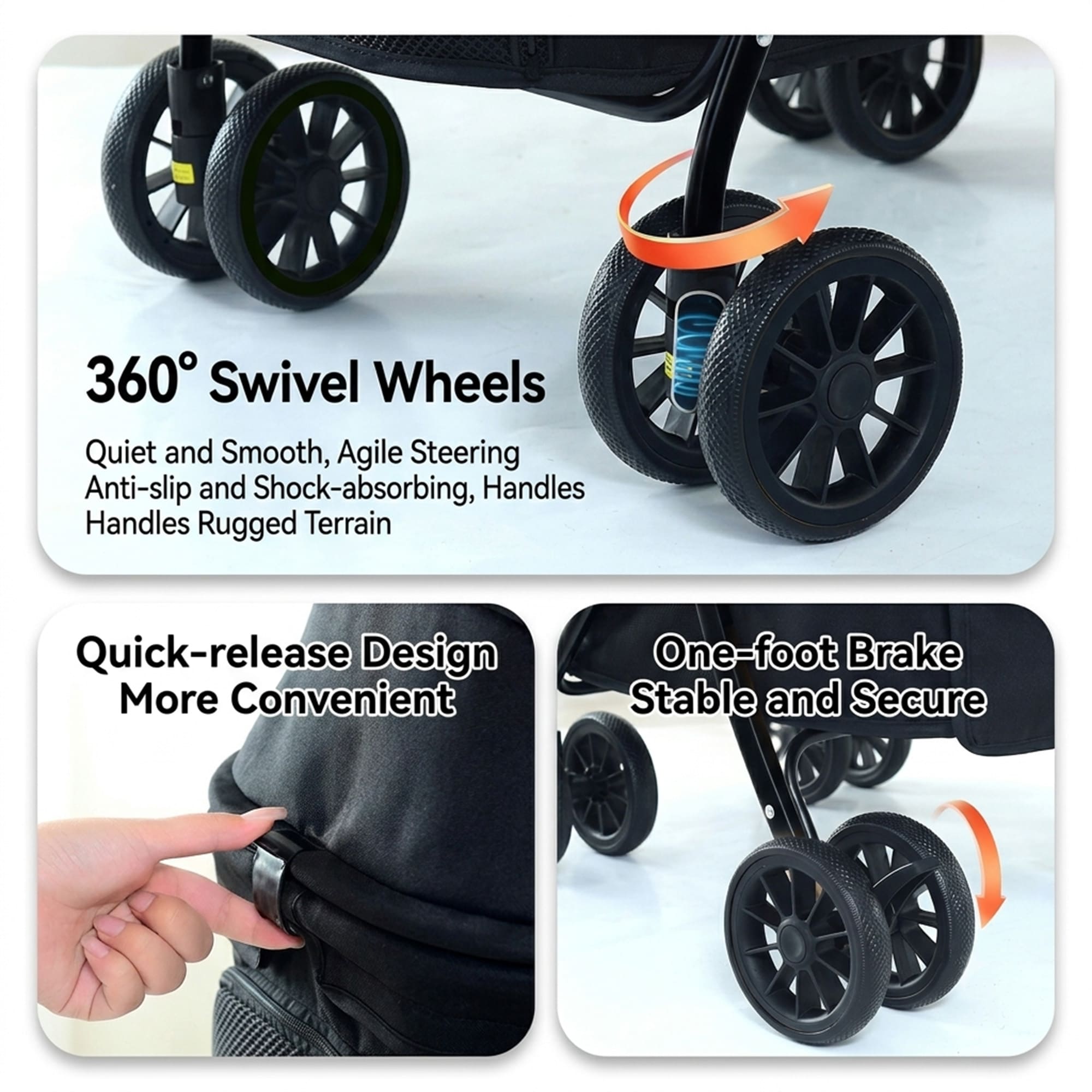 Pet stroller with 360 degree swivel wheels quick release design and foot brake