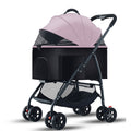 Pink multi-function pet stroller with detachable carrier and breathable mesh canopy
