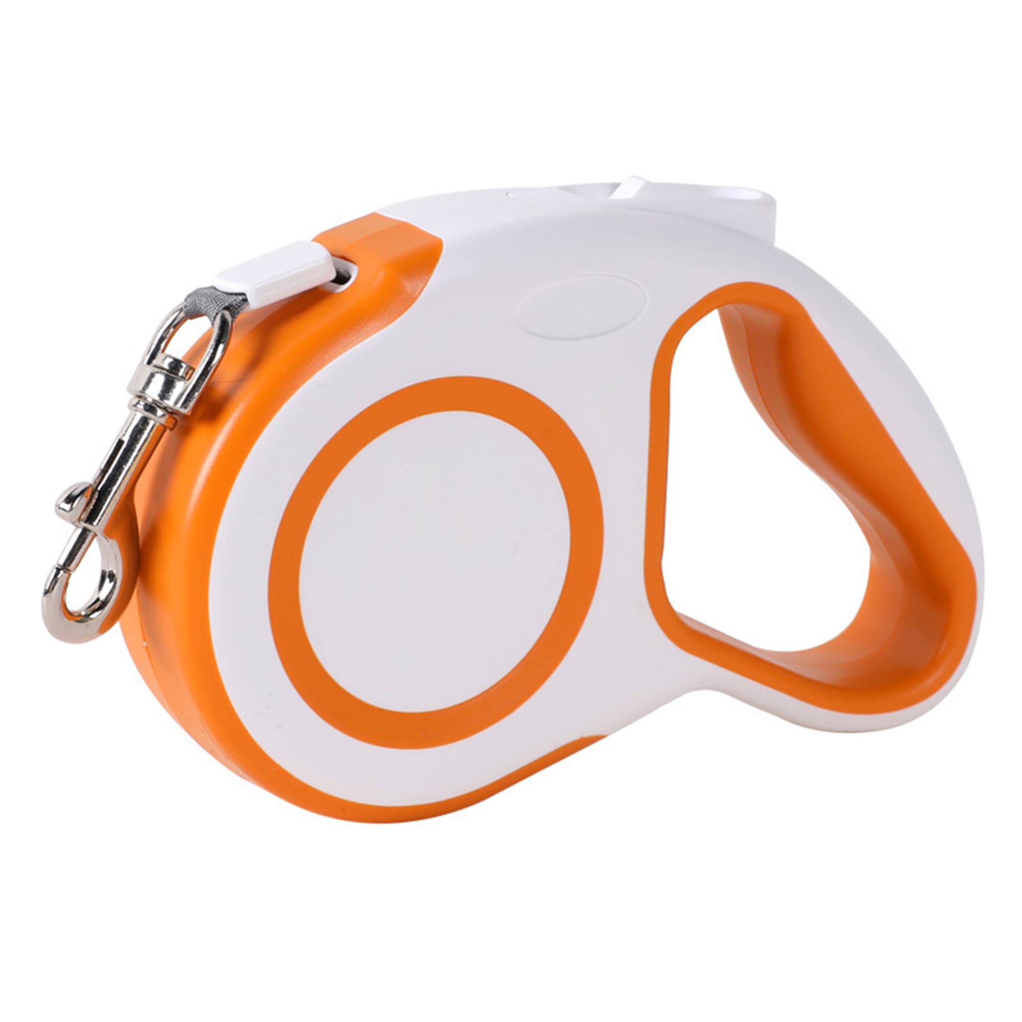Orange retractable dog leash with ergonomic rubber grip and metal hook