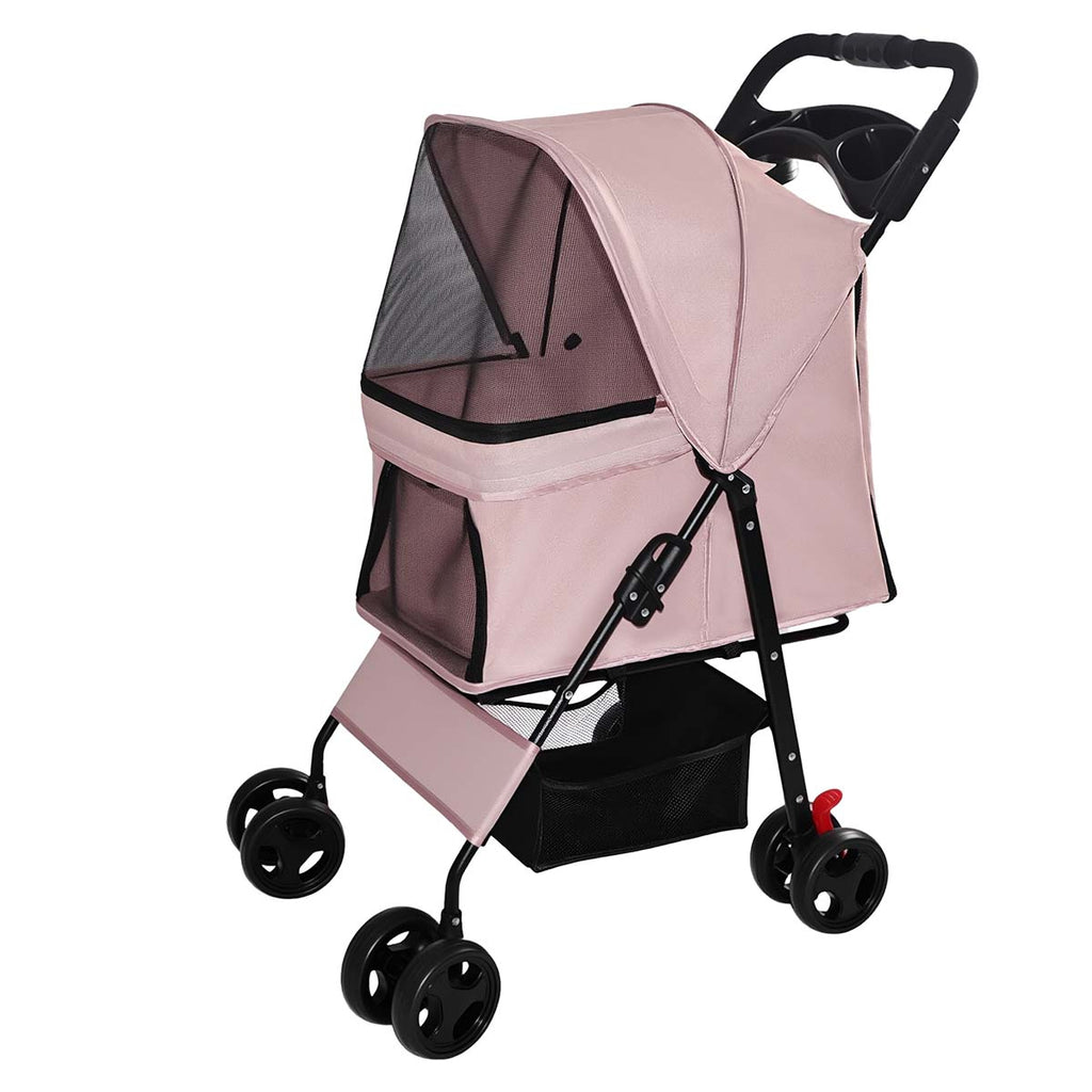 Side view of pink pet stroller with breathable mesh cabin