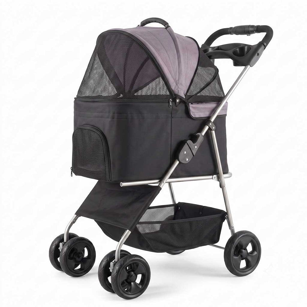 Side view of pet stroller with breathable mesh cabin