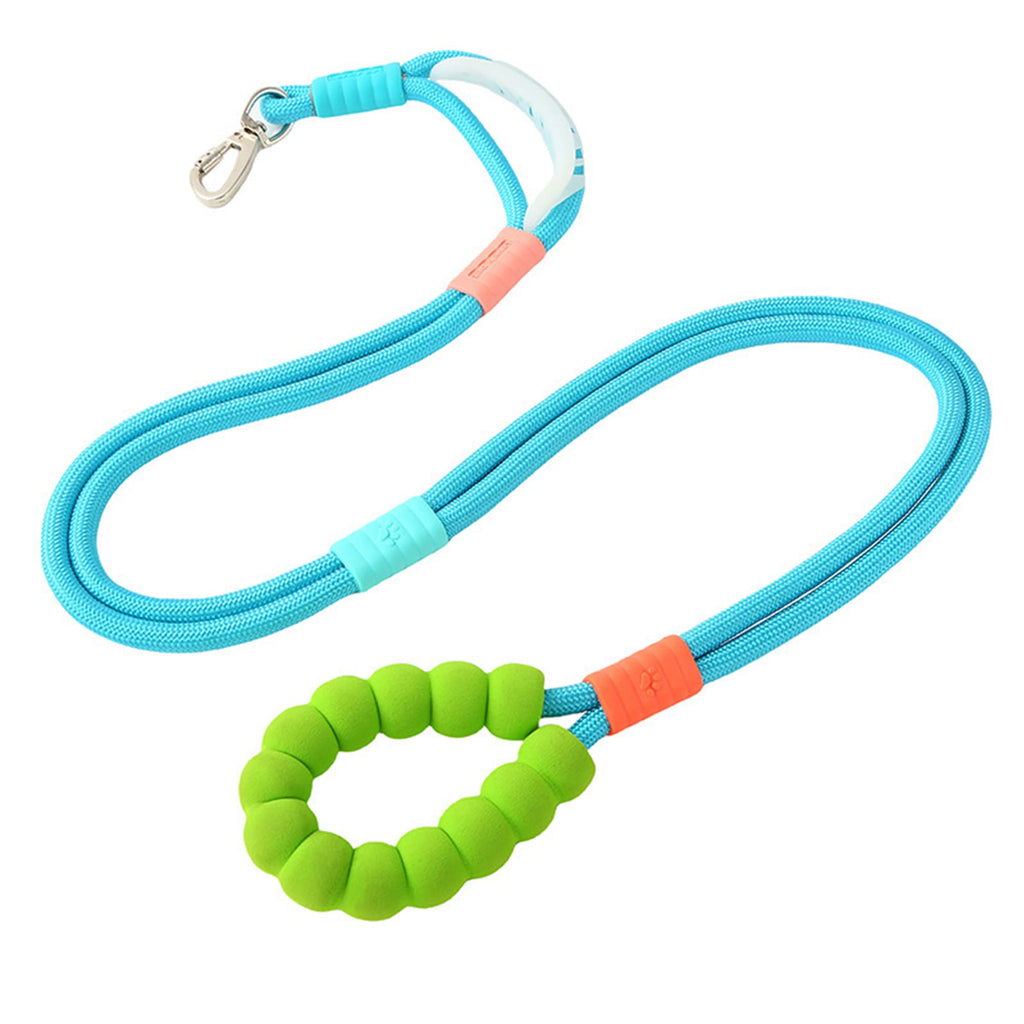 Blue nylon dog leash with foam handle, silicone slider rings, and alloy clasp