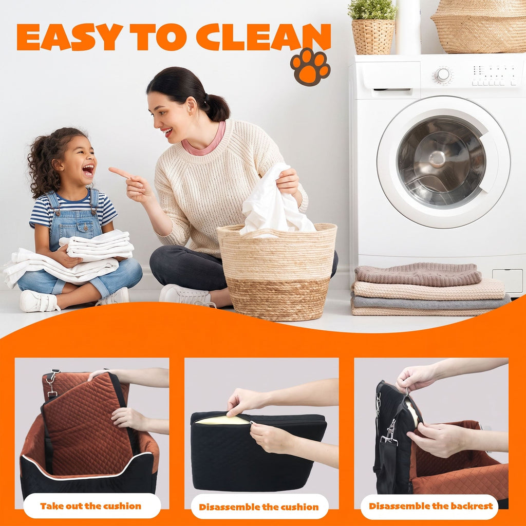 Washable pet car seat with removable cushion and detachable backrest