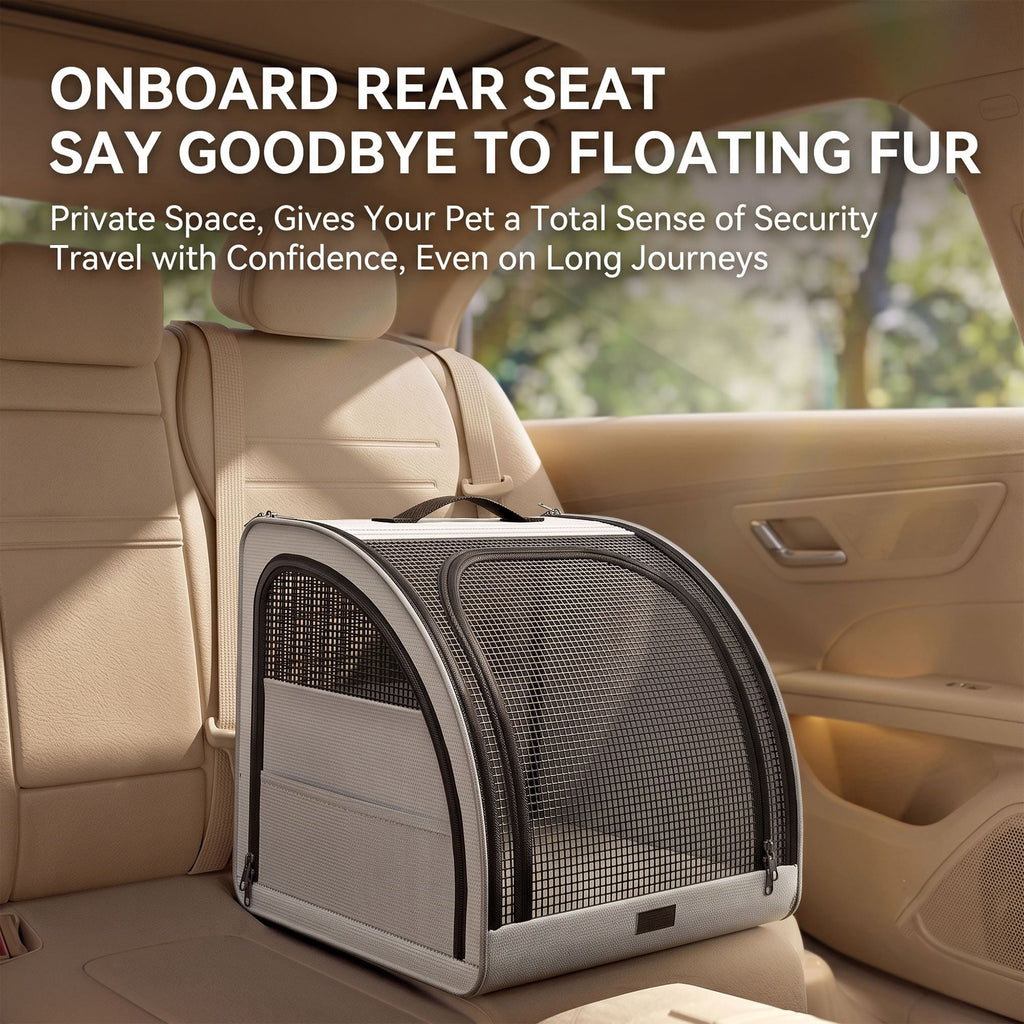 Foldable pet car crate installed on rear car seat for dog travel