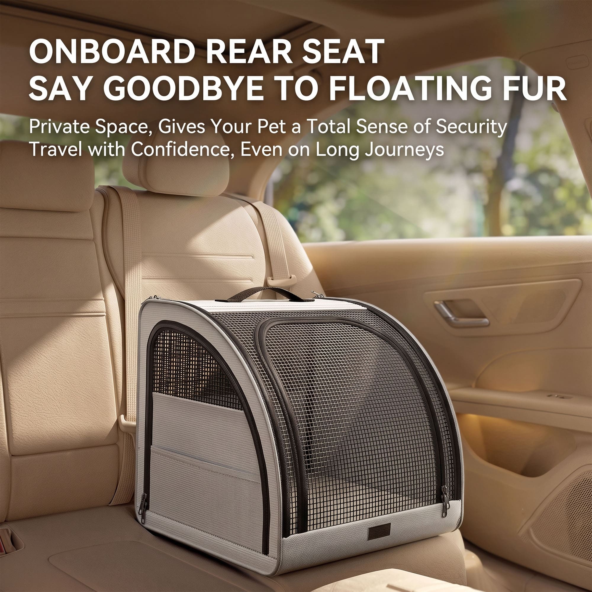 Foldable pet car crate installed on rear car seat for dog travel