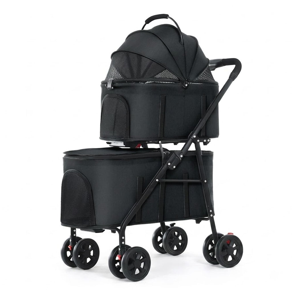 Black detachable double pet stroller with mesh windows and metal frame