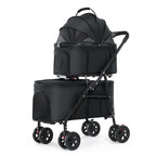 Black detachable double pet stroller with mesh windows and metal frame