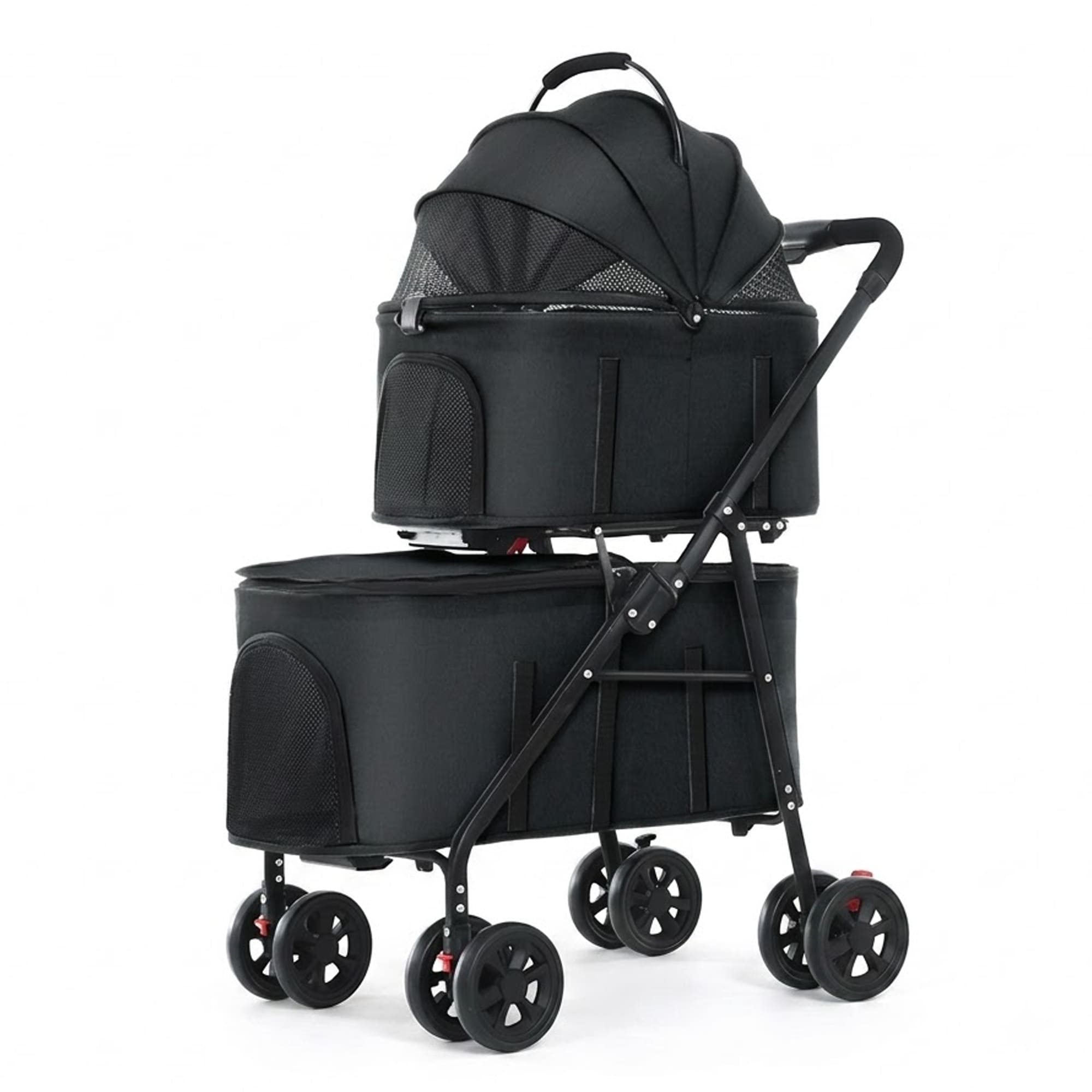 Black detachable double pet stroller with mesh windows and metal frame