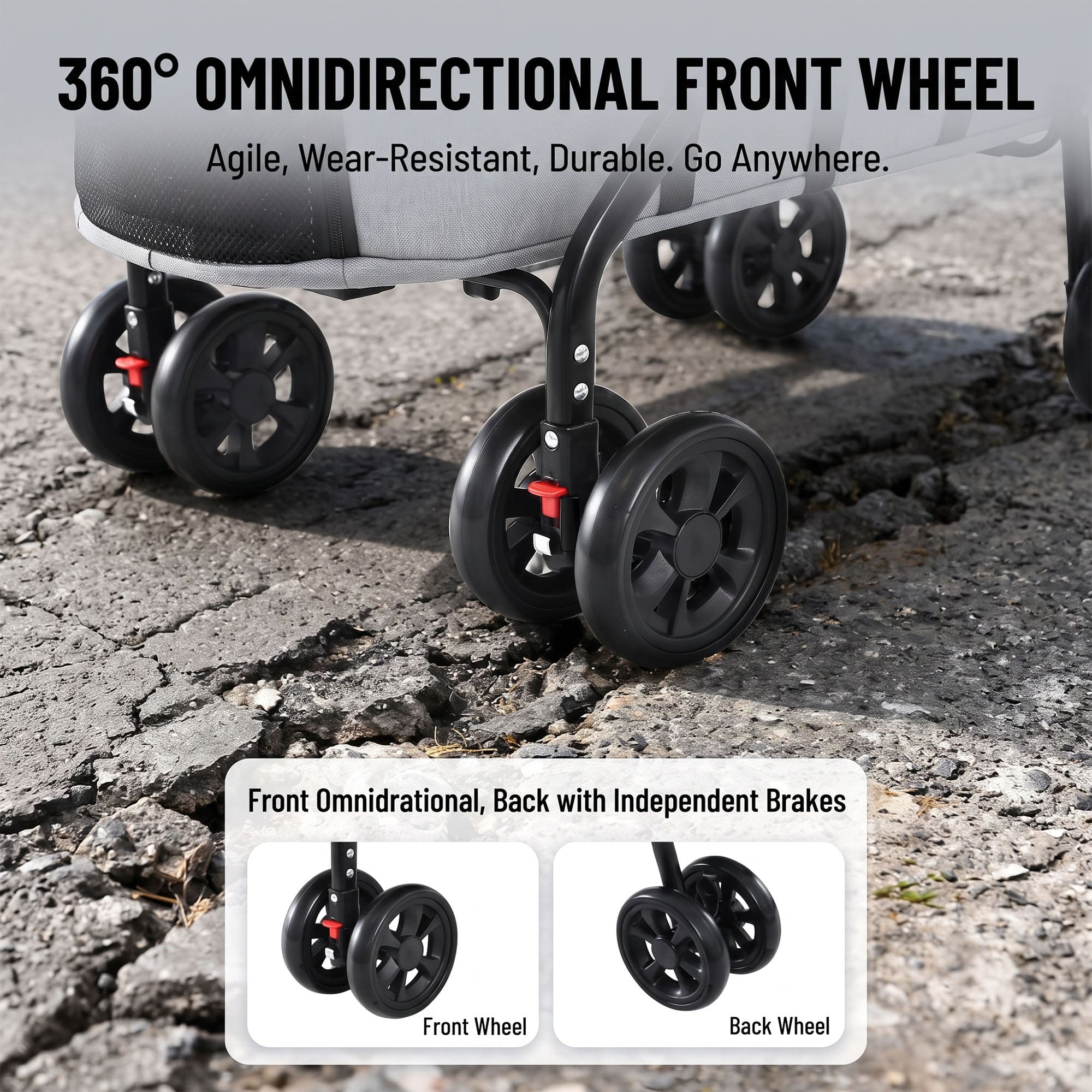 Pet stroller wheels with 360 degree front wheel and rear independent brakes
