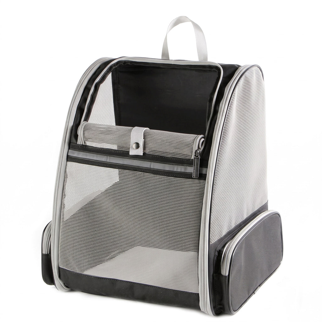 Gray mesh pet carrier backpack with roll-up front window and side pocket