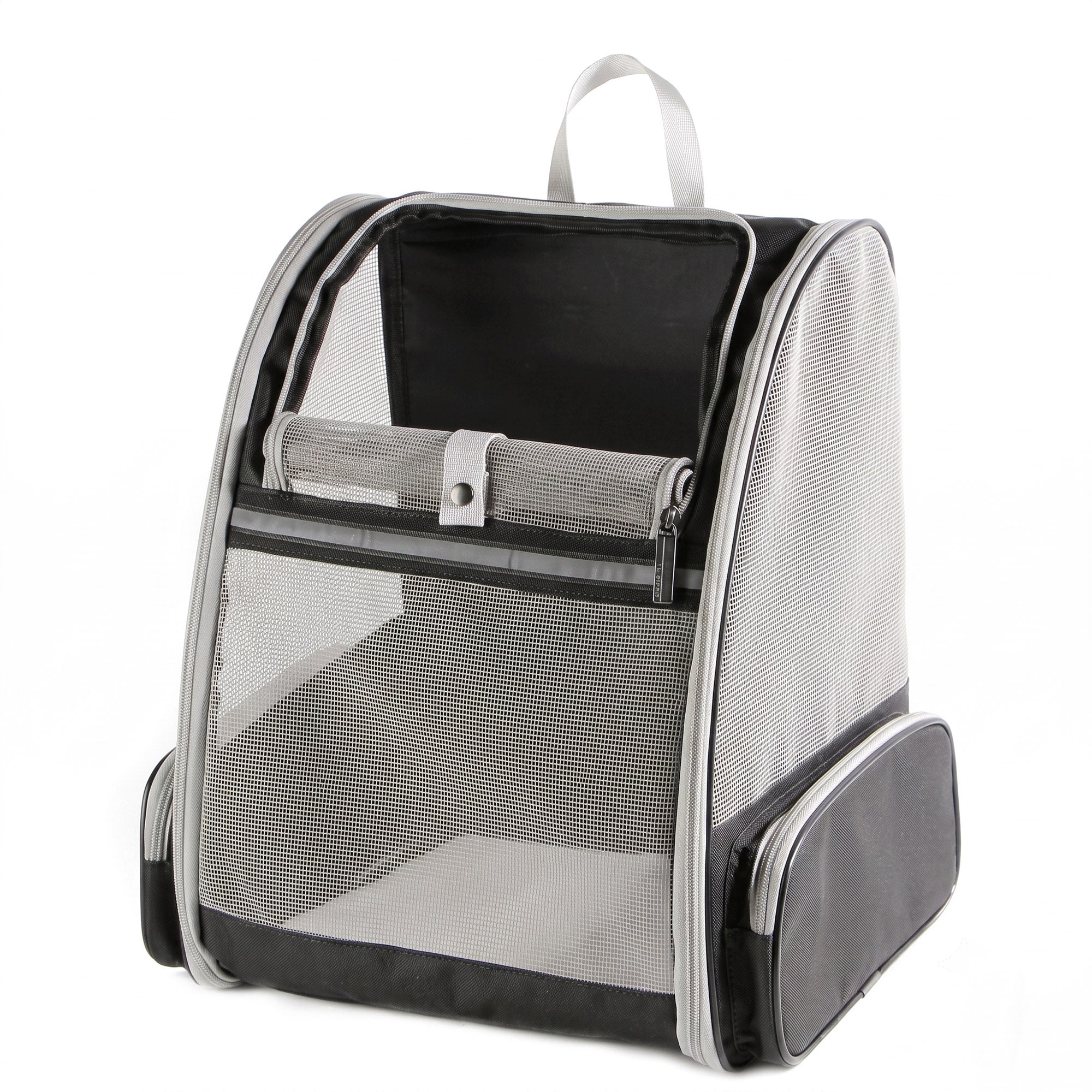 Gray mesh pet carrier backpack with roll-up front window and side pocket