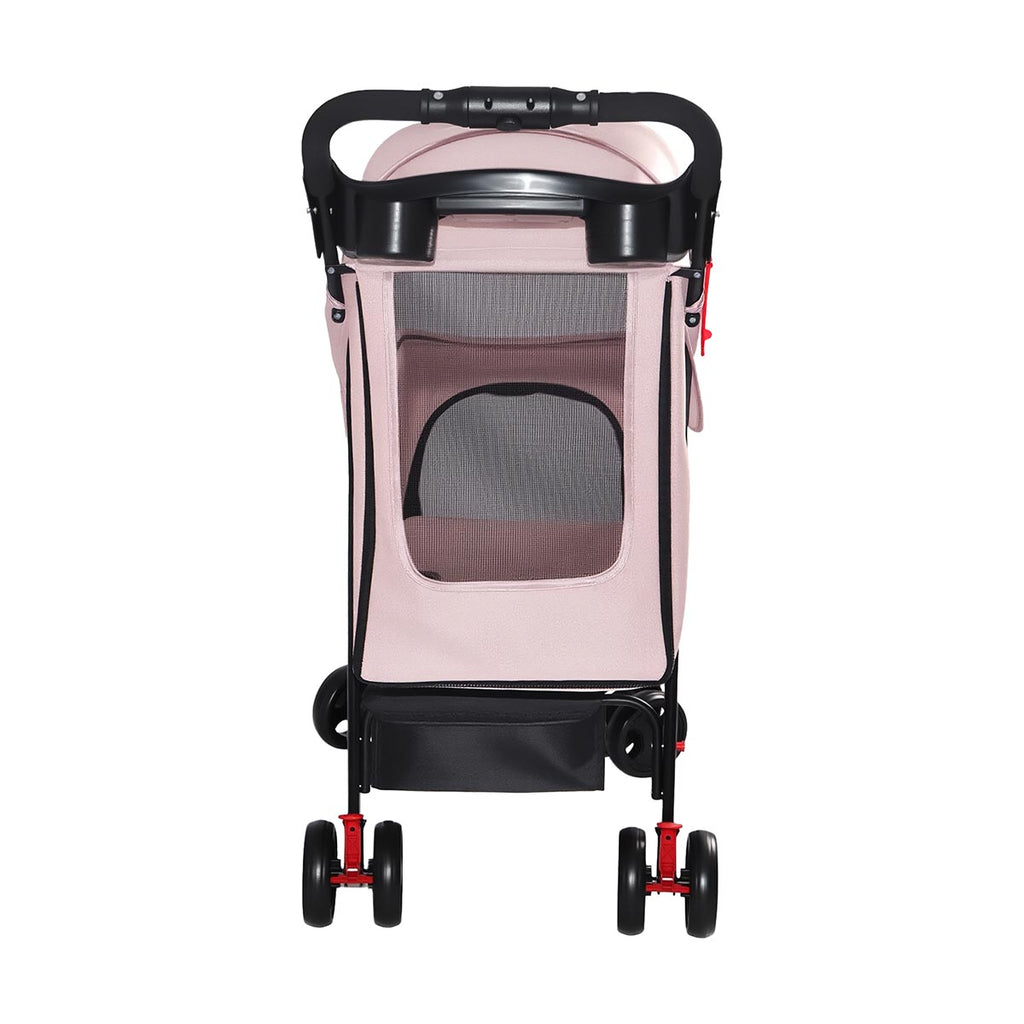 Rear view of pink four-wheel pet stroller with mesh window