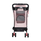 Rear view of pink four-wheel pet stroller with mesh window
