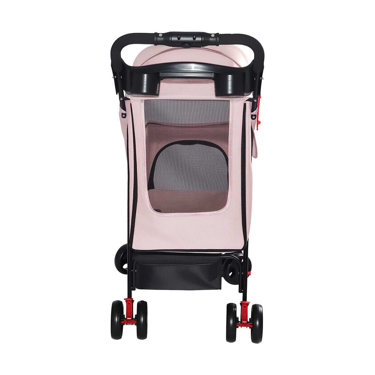 Rear view of pink four-wheel pet stroller with mesh window