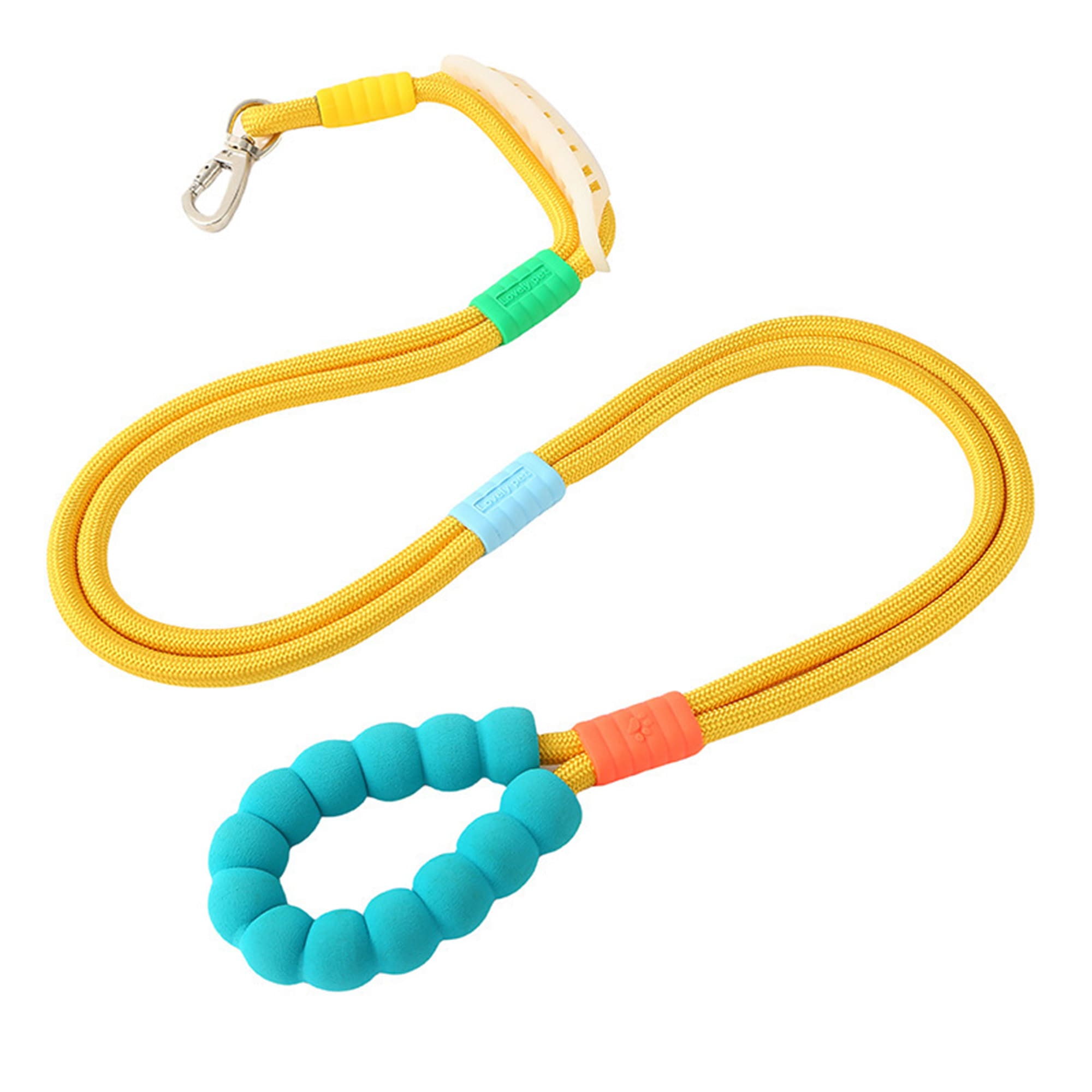 Yellow nylon dog leash with foam handle, silicone slider rings, and alloy clasp