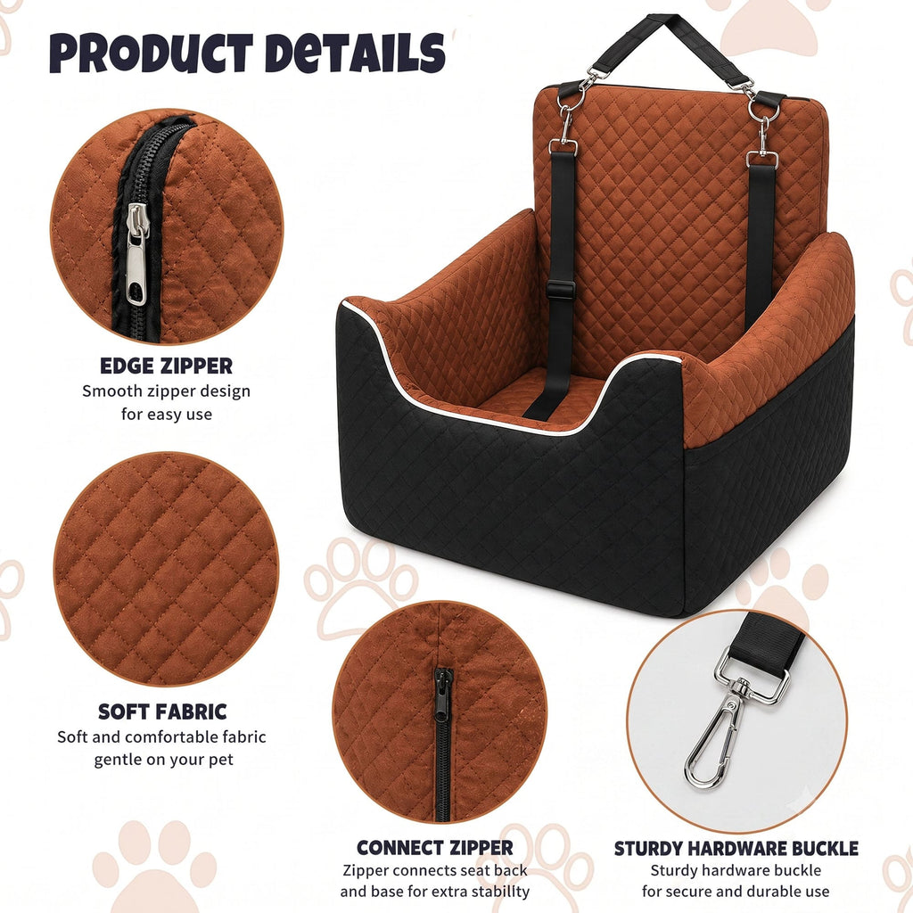 Pet car seat product details showing soft fabric, zipper design, and sturdy hardware buckle