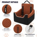 Pet car seat product details showing soft fabric, zipper design, and sturdy hardware buckle