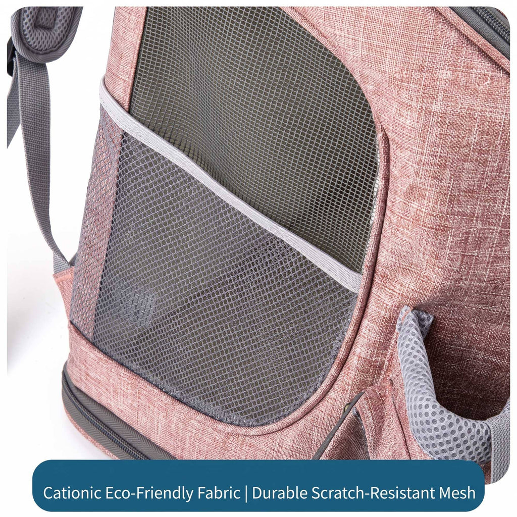 Pink pet carrier backpack close-up showing breathable scratch-resistant mesh window