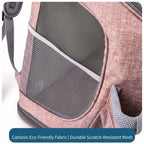 Pink pet carrier backpack close-up showing breathable scratch-resistant mesh window
