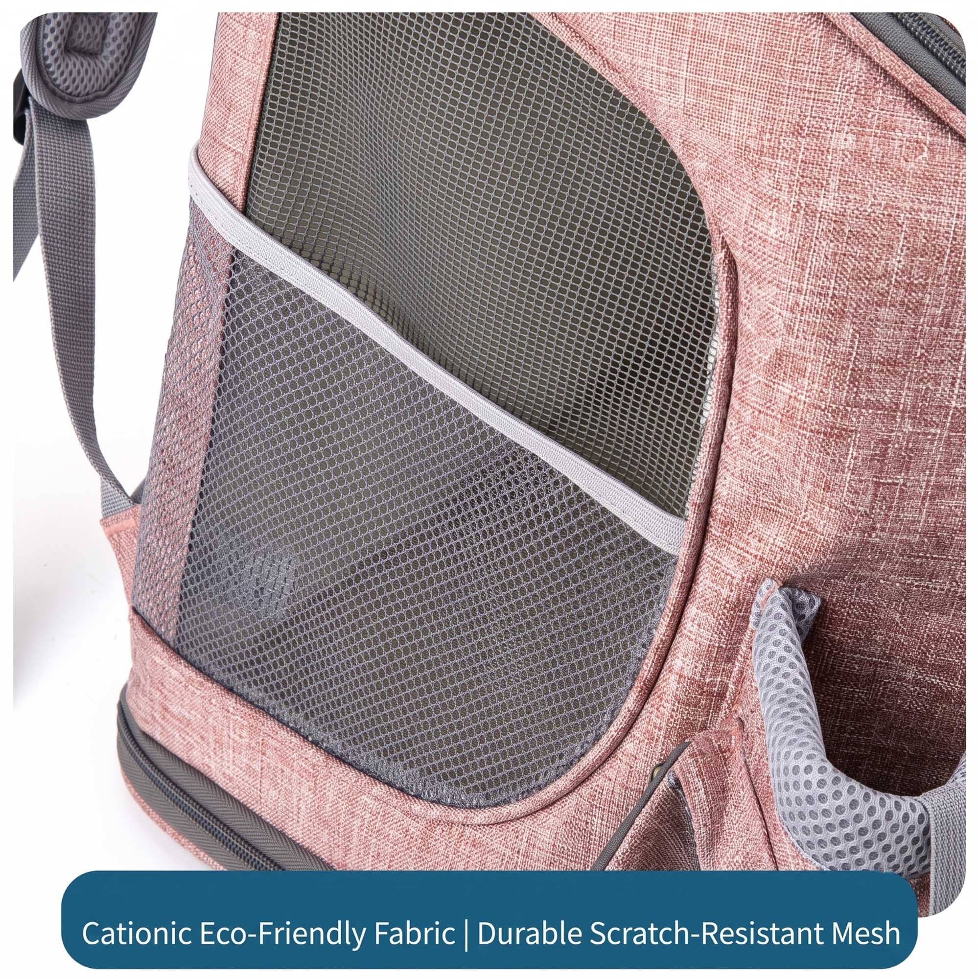 Pink pet carrier backpack close-up showing breathable scratch-resistant mesh window