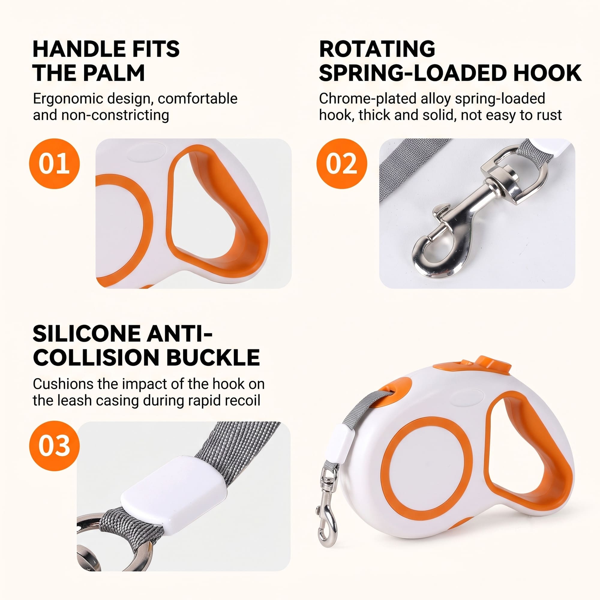 Retractable dog leash with ergonomic handle rotating hook and anti-collision buckle