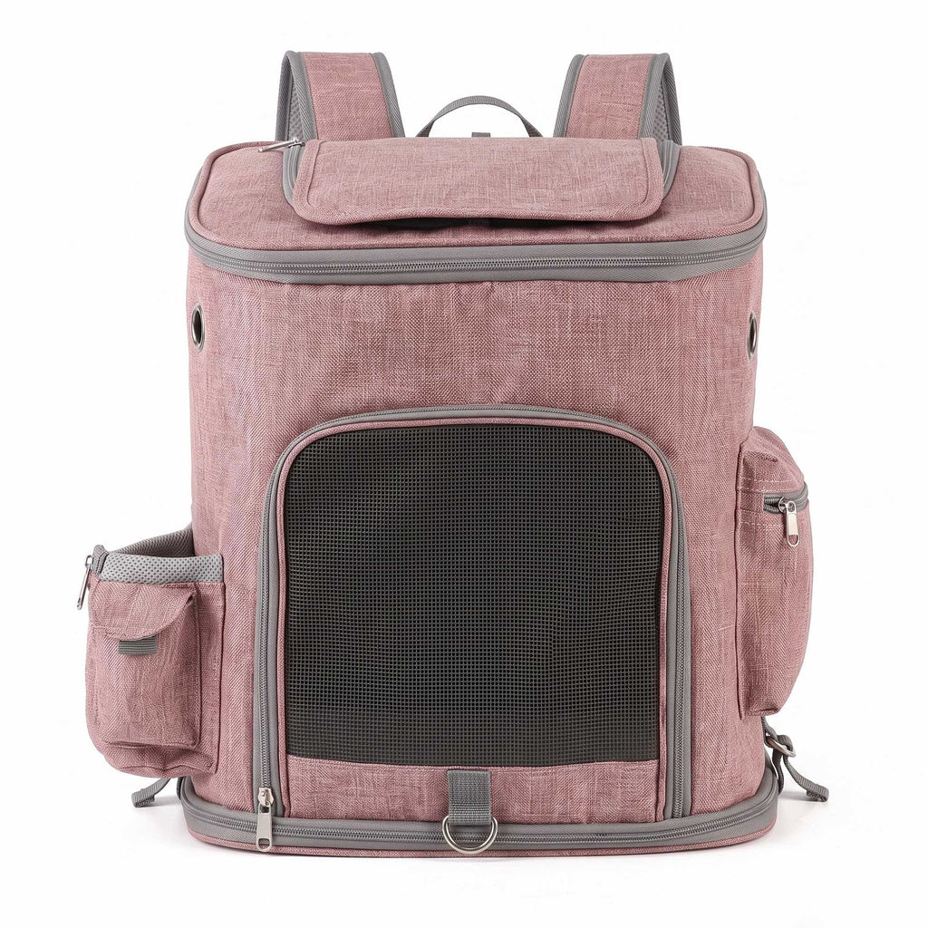 Pink pet carrier backpack with front mesh door, side pockets, and top opening