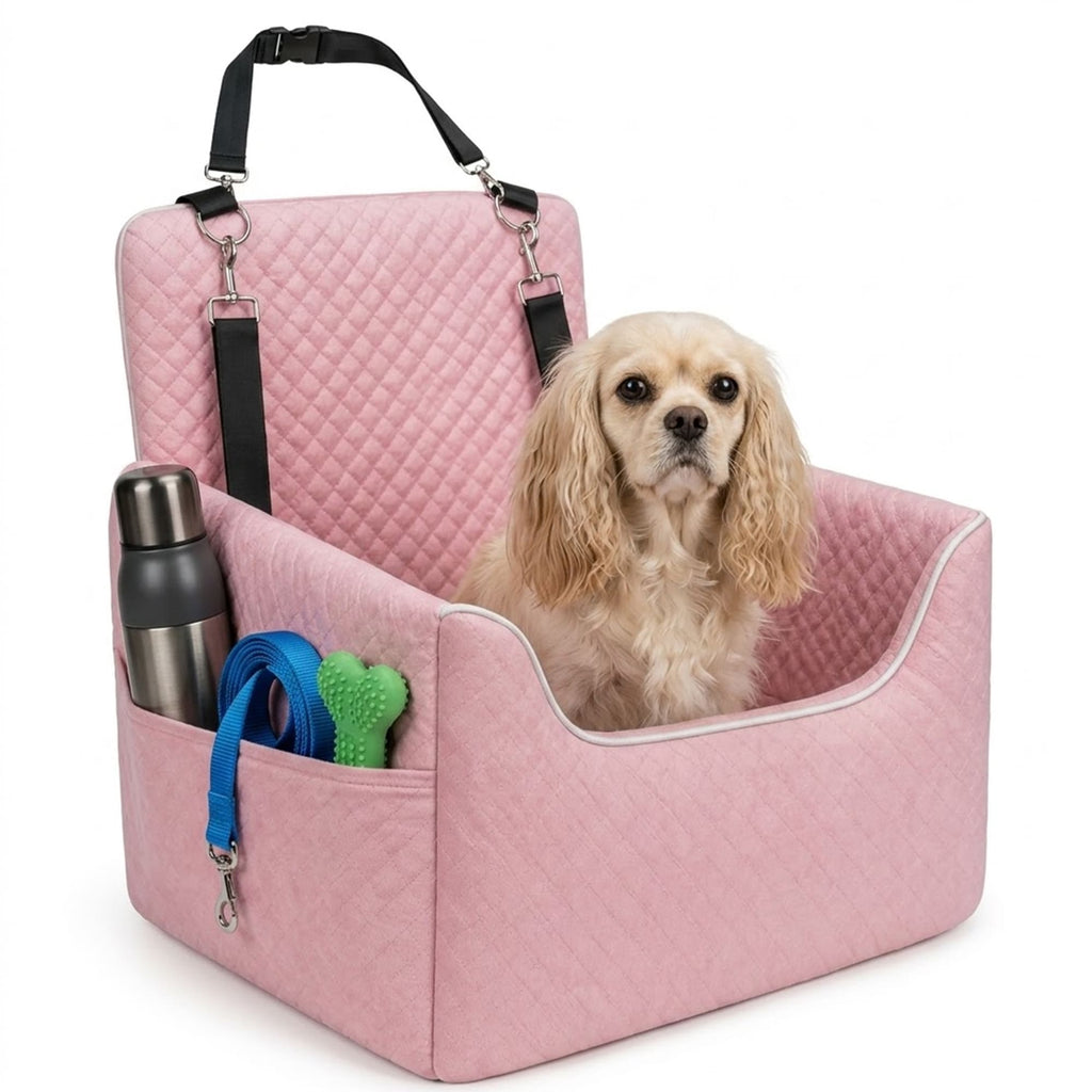 Quilted pet car seat for small dogs and cats with adjustable straps and soft cushion