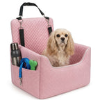 Quilted pet car seat for small dogs and cats with adjustable straps and soft cushion