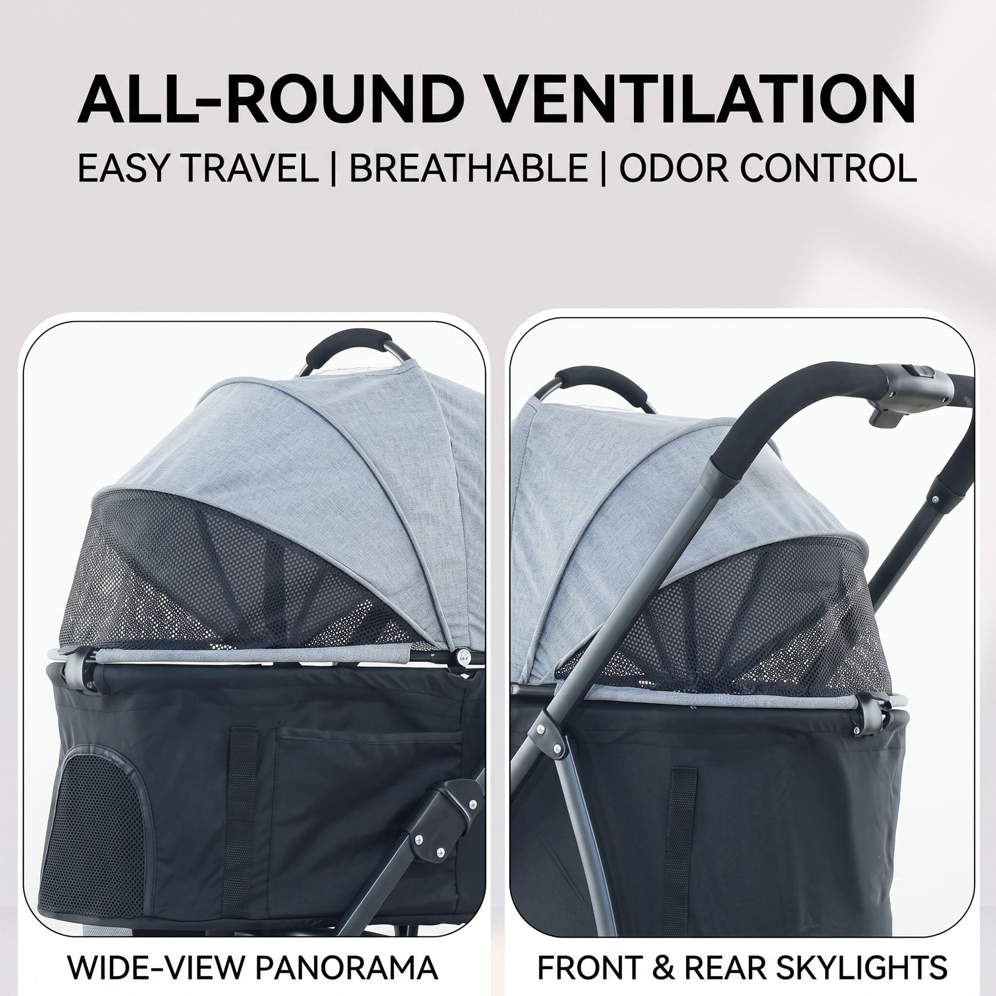 Pet stroller all-round ventilation with breathable mesh and wide-view canopy