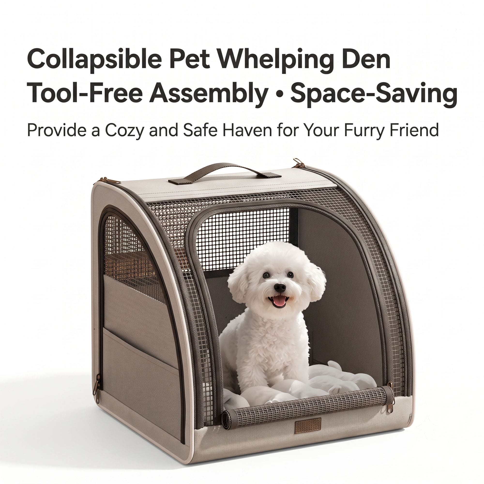 Small dog inside foldable pet carrier with tool-free assembly and space-saving design