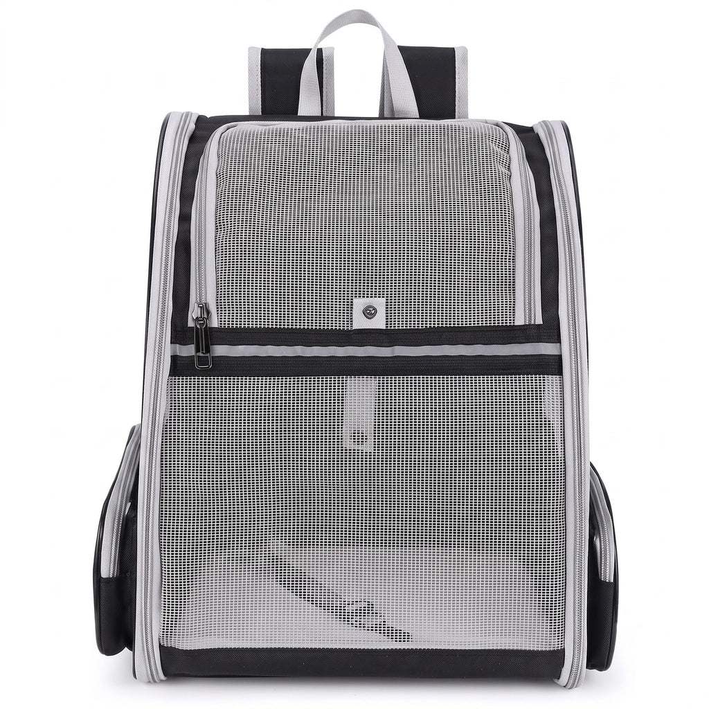 Gray mesh pet carrier backpack with roll-up front window and side pocket