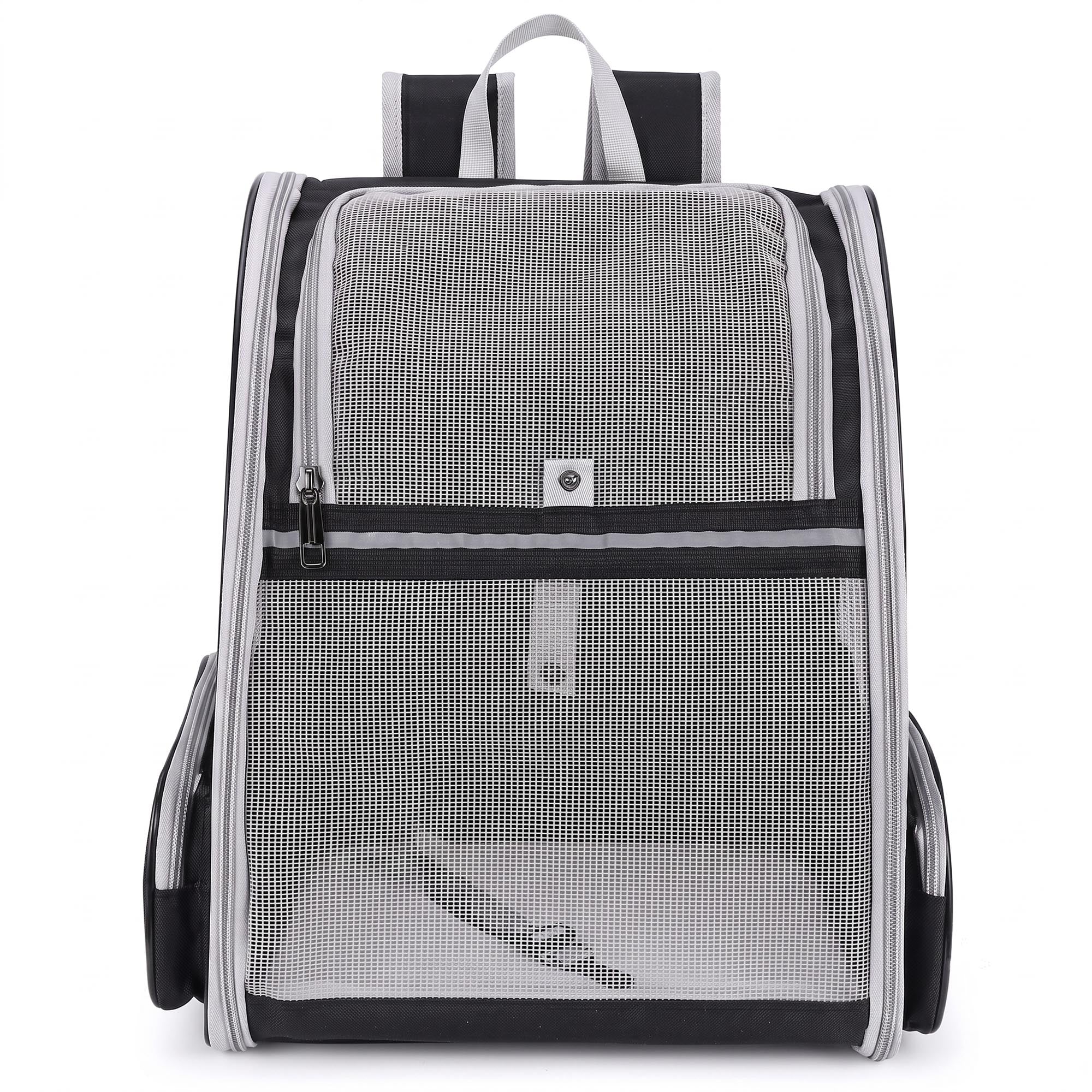 Gray mesh pet carrier backpack with roll-up front window and side pocket