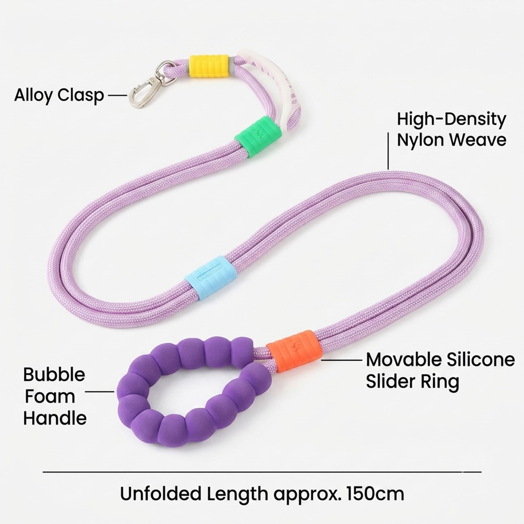 Colorful nylon dog leash diagram with alloy clasp, foam handle, silicone slider ring, and 150cm length
