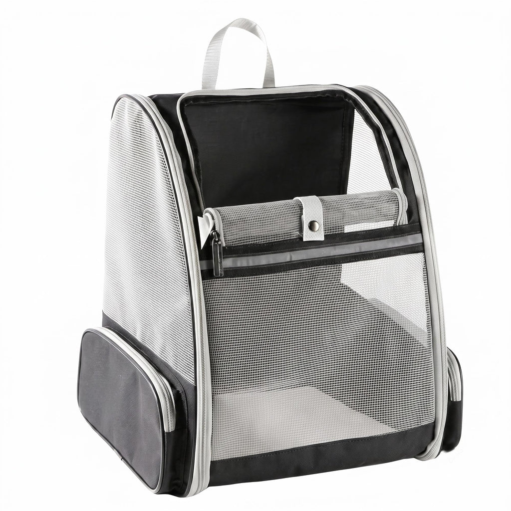 Gray mesh pet carrier backpack with roll-up front window and side pocket