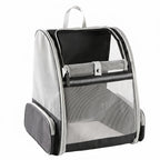 Gray mesh pet carrier backpack with roll-up front window and side pocket