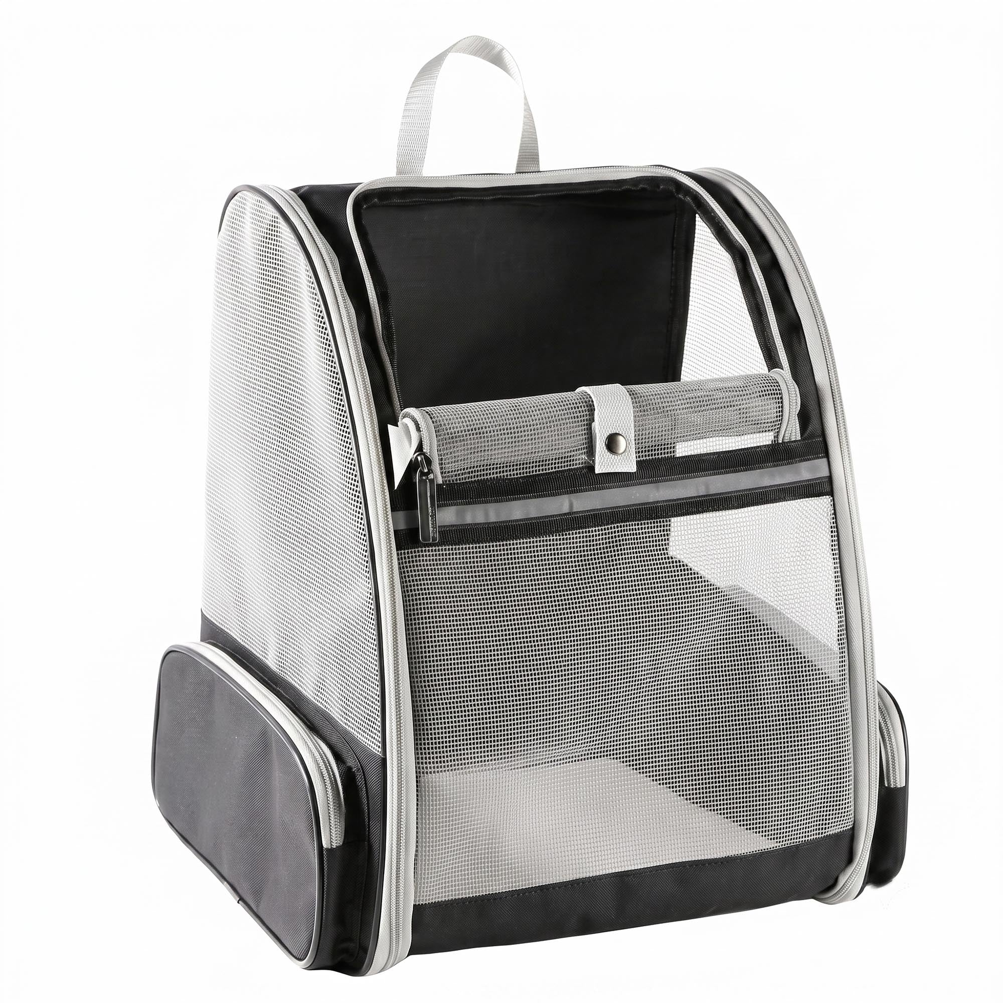Gray mesh pet carrier backpack with roll-up front window and side pocket