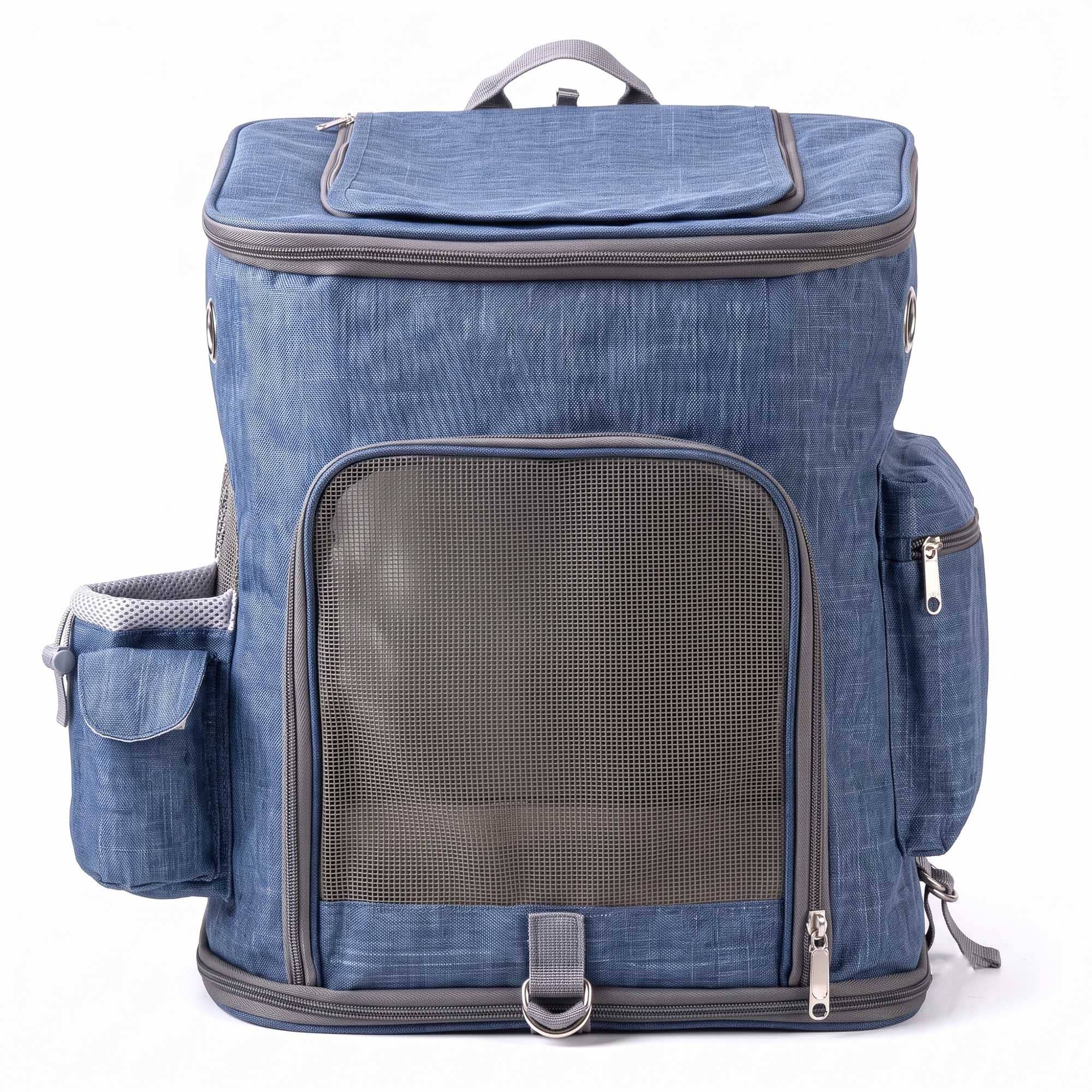 Blue pet carrier backpack with front mesh door, side pockets, and top opening