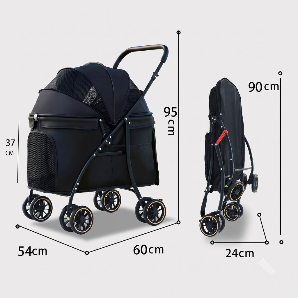 Foldable pet stroller dimensions for medium and large dogs and cats, showing full size and folded size