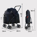 Foldable pet stroller dimensions for medium and large dogs and cats, showing full size and folded size