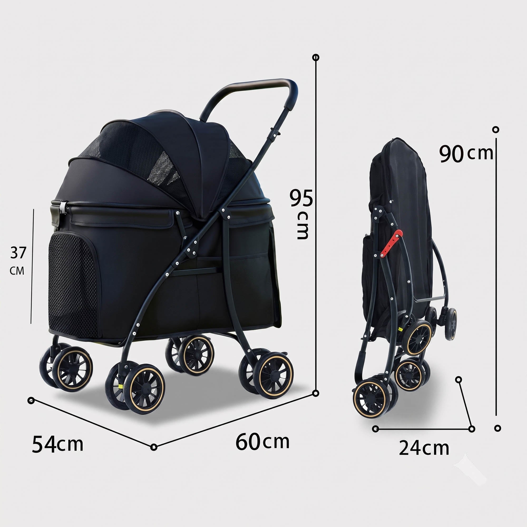 Foldable pet stroller dimensions for medium and large dogs and cats, showing full size and folded size
