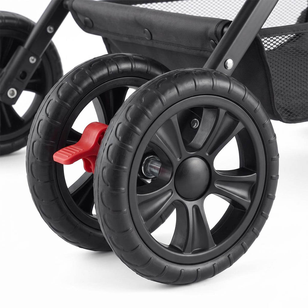 Close-up of the pet stroller wheel and rear brake mechanism