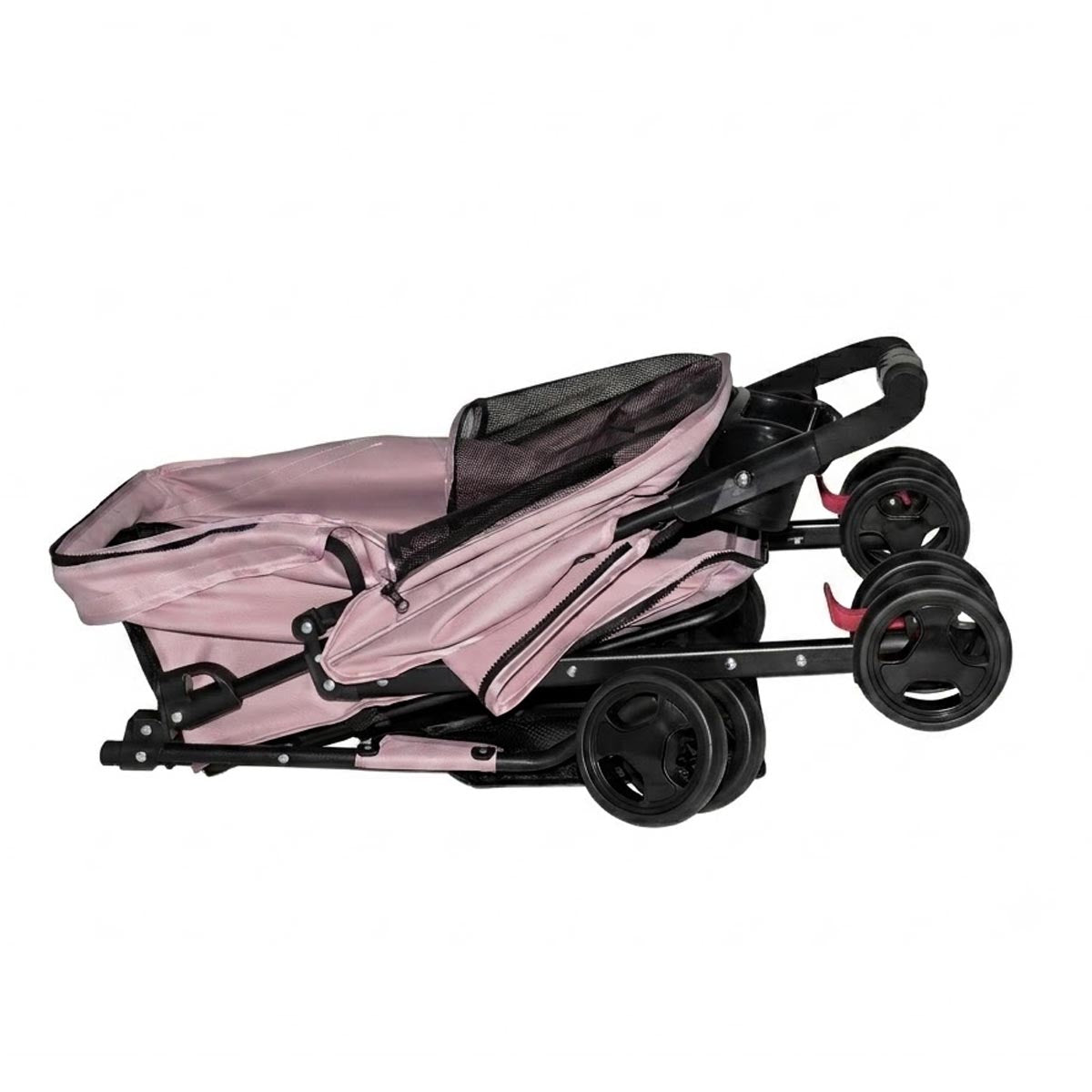 Pink pet stroller folded flat for compact storage and travel