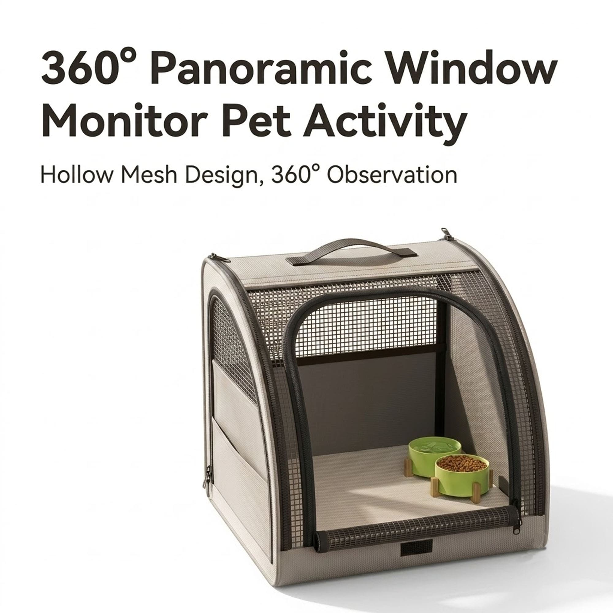 Pet carrier with 360 degree mesh window and food bowls inside
