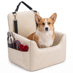 Quilted pet car seat for small dogs and cats with adjustable straps and soft cushion