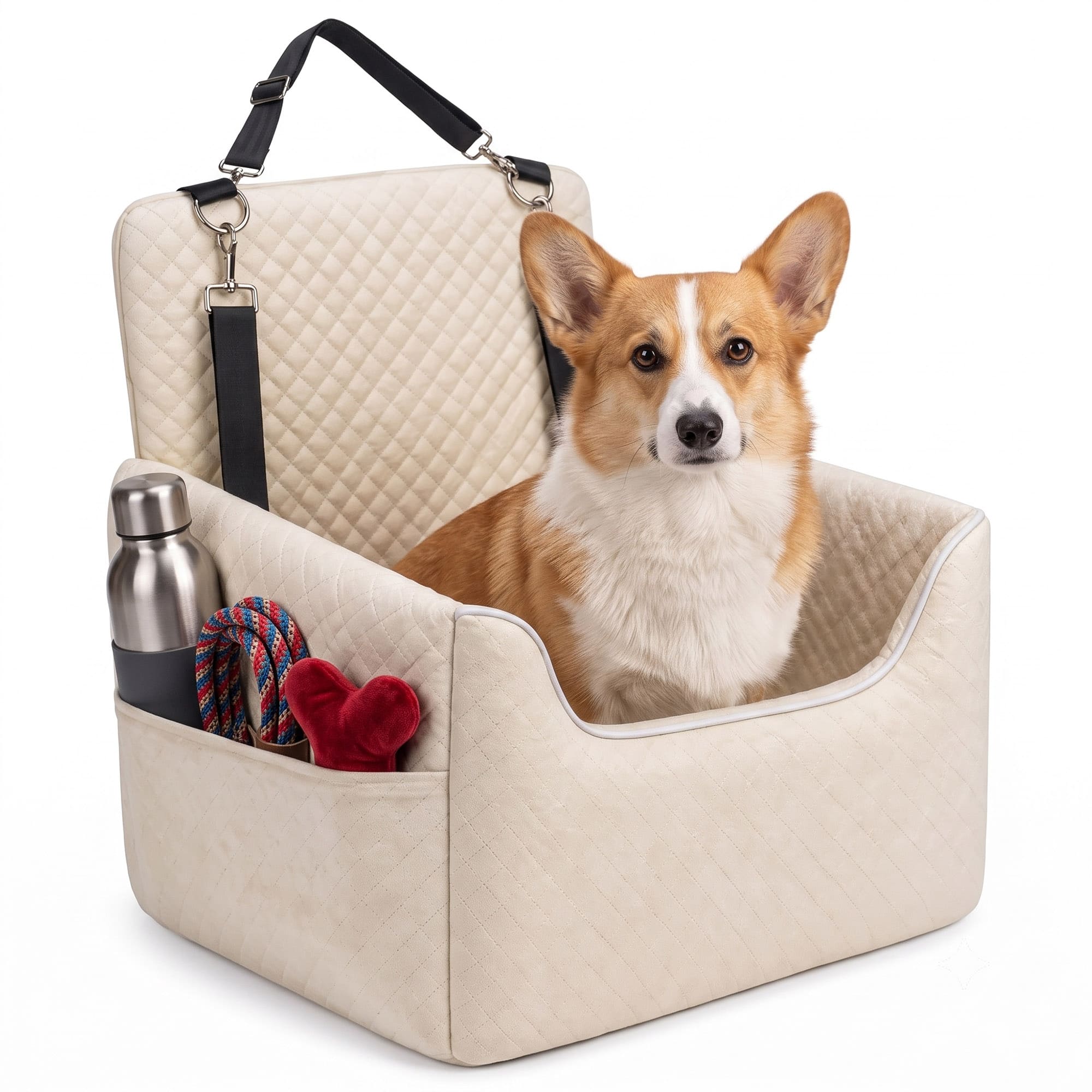 Quilted pet car seat for small dogs and cats with adjustable straps and soft cushion