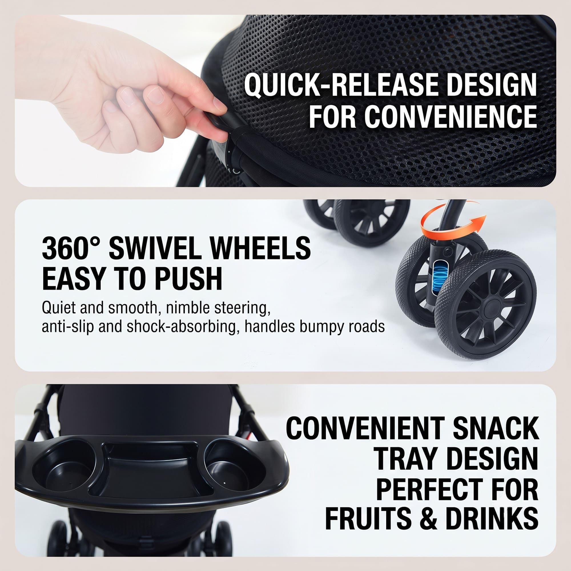 Foldable pet stroller with quick release design swivel wheels and snack tray